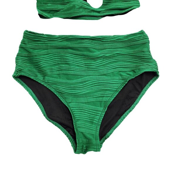 Two-Piece Green Textured High-Waisted Bikini Set Gold Accent  Size M Womens - Picture 5 of 5